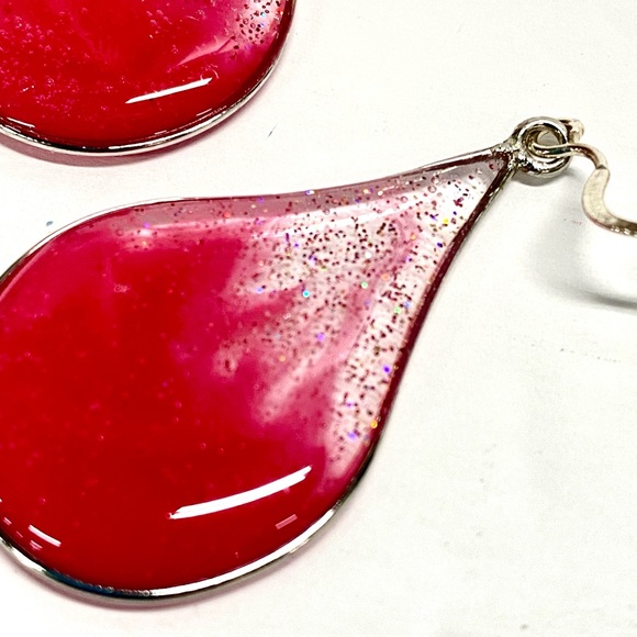 HANDMADE Glitter Pink Teardrop Dangle Sterling Silver French Hook Earrings - Picture 4 of 9